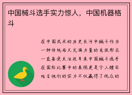中国械斗选手实力惊人，中国机器格斗
