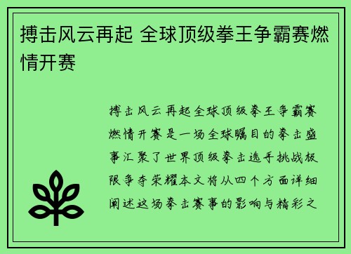 搏击风云再起 全球顶级拳王争霸赛燃情开赛