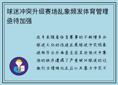 球迷冲突升级赛场乱象频发体育管理亟待加强