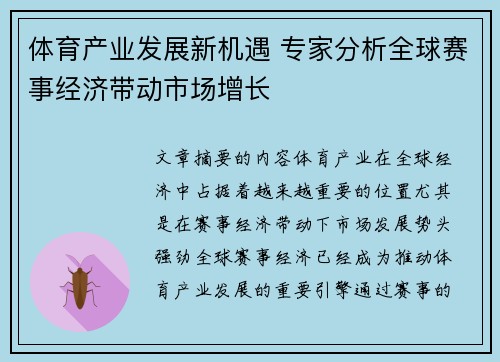体育产业发展新机遇 专家分析全球赛事经济带动市场增长