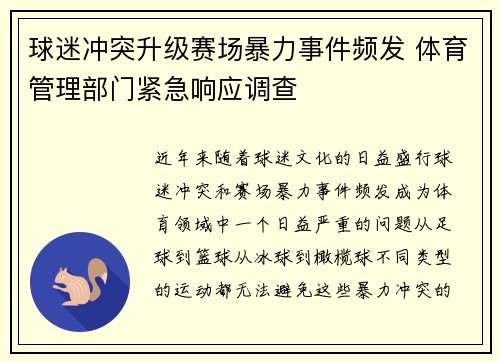 球迷冲突升级赛场暴力事件频发 体育管理部门紧急响应调查